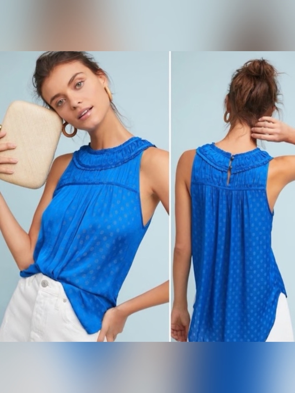Anthropologie Maeve Clovis Pleated Polka Dot Top, Royal Blue Sz 0